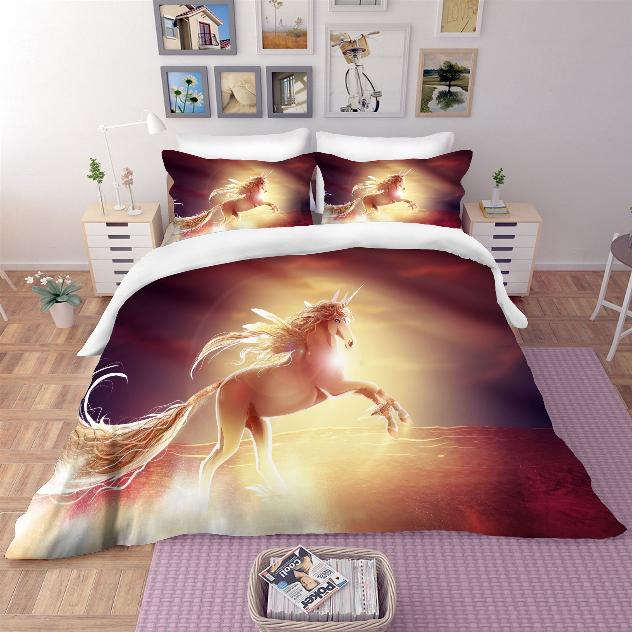 3d sunset horse bedding set with bed sheet and duvet cover 2gdms