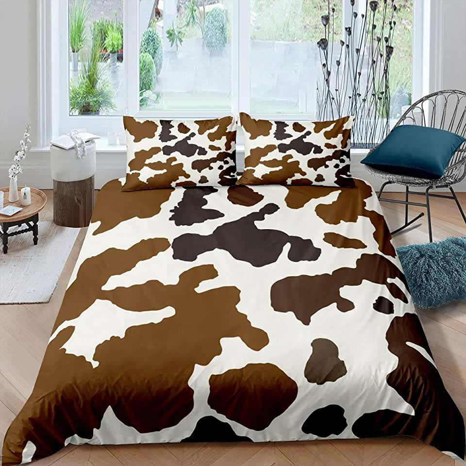 brown cow print bedding set with comforter duvet cover and sheets f856j
