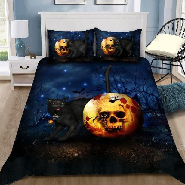 halloween skull black cat duvet cover bedding ensemble hr6lg