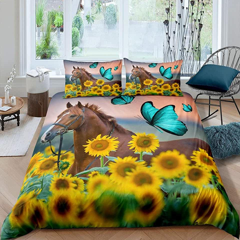 horse butterfly sunflower field bed set sheets comforter duvet cover sets k5mkh