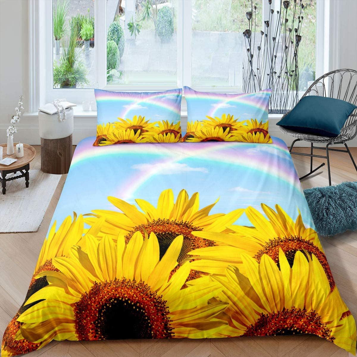 rainbow blue sky sunflower duvet cover bed set ejokw