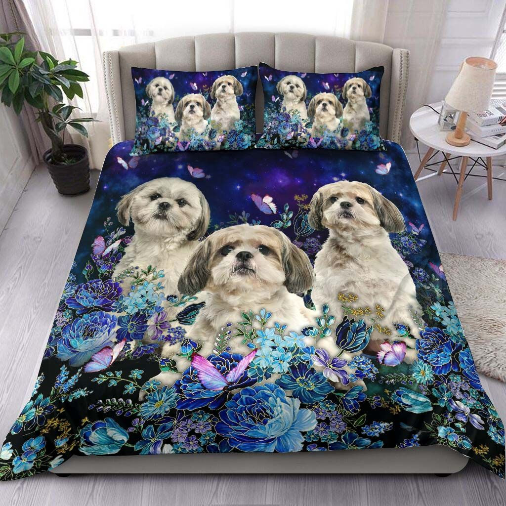 shih tzu with purple floral duvet cover bed set wp6xq