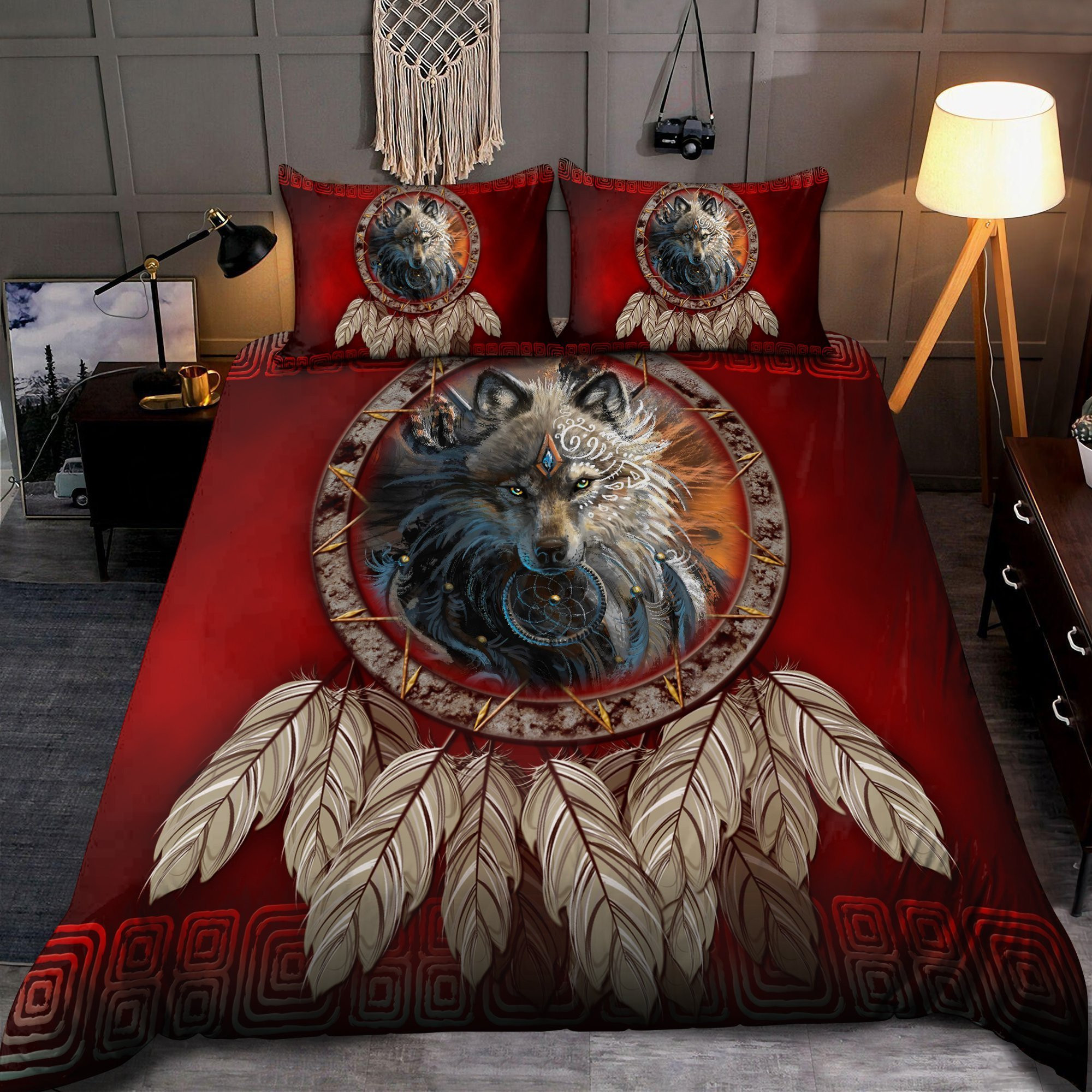 wolf native american feather red bedding set sheets spread duvet cover sets a2ktq